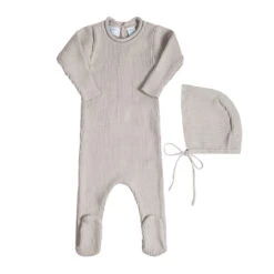 Rolled Collar Ribbed Knit Romper & Bonnet Soft Grey
