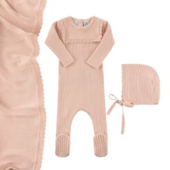 Scallop Trimmed Rib Knit Romper & Bonnet -Baby Clothes Sales 6016 Blush Layflat 28187.1690299004
