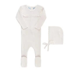 Scallop Trimmed Rib Knit Romper & Bonnet -Baby Clothes Sales 6016 Ivory 18563.1690299005