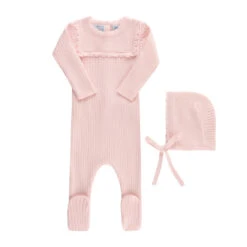 Scallop Trimmed Rib Knit Romper & Bonnet -Baby Clothes Sales 6016 Pink 71564.1690299006