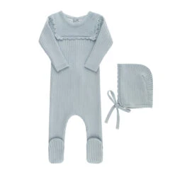 Scallop Trimmed Rib Knit Romper & Bonnet -Baby Clothes Sales 6016 Powder Blue 69066.1690903254
