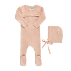 Scallop Trimmed Rib Knit Romper & Bonnet