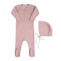 Ruffled Collar Ribbed Knit Romper & Bonnet